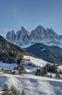 Odle mountains and the town of Santa Maddalena in Val di Funes, Dolomites, South Tyrol, Italy