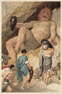 Greek Mythology Decor Prints Gallery: Odysseus makes Polyphemus drunk, Greek Mythology, lithograph, published 1897