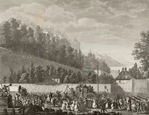 Prints of A large crowd of soldiers, accompanied by women from the markets of Les Halles, on their way to Versailles to bring King Louis XVI and Queen Marie-Antoinette back to Paris Heritage Images Prints: Off To Fetch The King