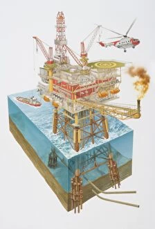 Representing Gallery: Off-shore oil rig surrounded by sailing fireboat and flying helicopter
