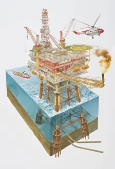 Shore Prints: Off-shore oil rig surrounded by sailing fireboat and flying helicopter