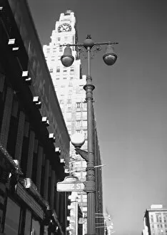 Lamppost Gallery: Office buildings, USA, (B&W), low angle view