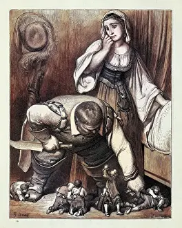 Whimsical nursery rhyme artworks curated to evoke a sense of wonder and imagination: The ogre found Tom Thumb and his brothers