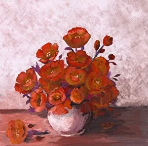Still Life Collection: Oil painted bunch of red poppies arrangement in white vase