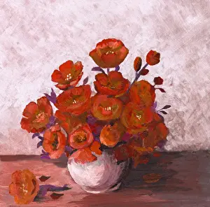 Oil Painting Prints: Oil painted bunch of red poppies arrangement in white vase