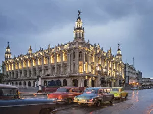 Old American cars and the Cuban National Theater