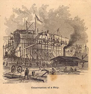 Dirty Gallery: Old, Black and White Illustration of Ship Construction, From 1800's