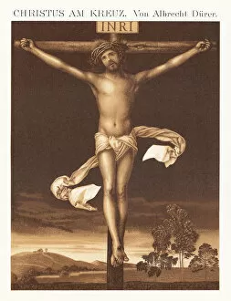 Old chromolithograph illustration of Christ on the Cross Albrecht Durer