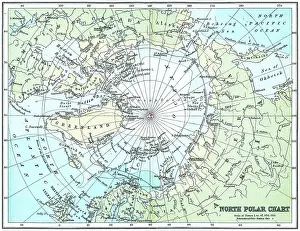 Old chromolithograph illustration of map of North Polar Regions