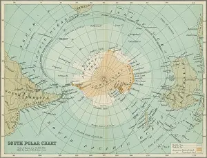 Old chromolithograph illustration of map of South Polar Regions