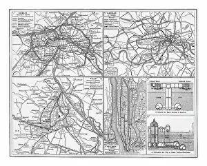 Old chromolithograph illustration of railway network in Berlin, London, Vienna and New York