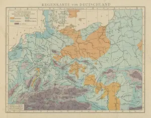 Old chromolithograph illustration of rain map of Germany
