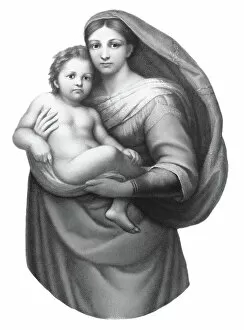 World Religion Gallery: Old chromolithograph illustration of The Sistine Madonna ( Madonna di San Sisto)