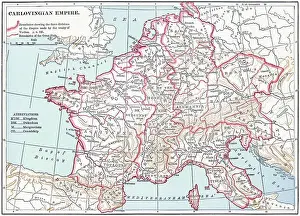 Old chromolithograph map of the Carolingian Empire (800-888) a Frankish-dominated empire in Western and Central Europe during the Early Middle Ages