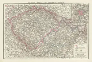Old chromolithograph map of Czech Republic on the general map of Bohemia, Moravia and Austrian Silesia