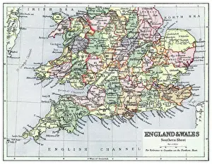 Old chromolithograph map of England and Wales (Southern sheet)