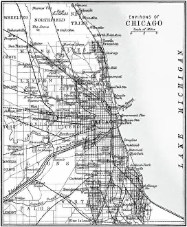 Old chromolithograph map of environs of Chicago and Lake Michigan, USA