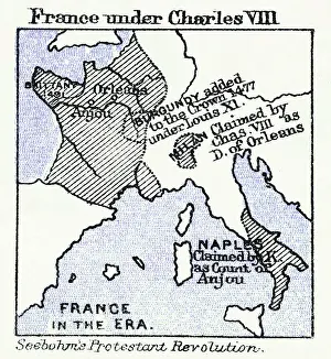 Old chromolithograph map of France under Charles VIII