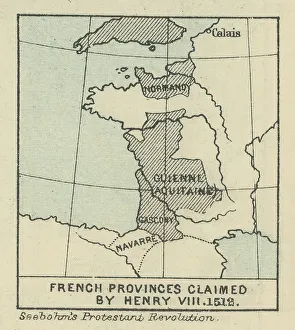 Old chromolithograph map of French provinces claimed by Henry VIII - 1512