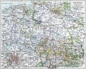 Old chromolithograph map of Hanover, capital and largest city of the German state of Lower Saxony