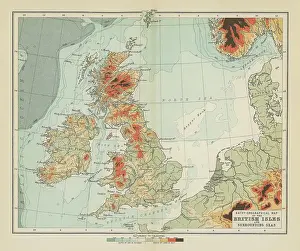 Old chromolithograph map of map of bathyorographical map of the British Isles and surrounding seas