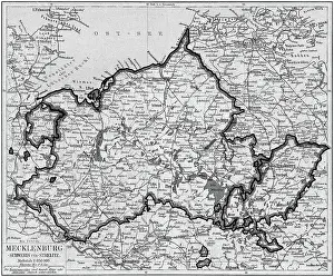 Old chromolithograph map of Mecklenburg, a historical region in northern Germany comprising the western and larger part of the federal-state Mecklenburg-Western Pomerania (largest cities are Rostock, Schwerin, Neubrandenburg, Wismar and Gustrow)