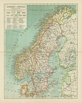 Old chromolithograph map of Norway and Sweden (Scandinavia)