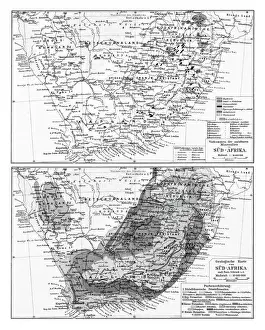 Old chromolithograph map of occurrences of exploitable minerals and geological map in South Africa