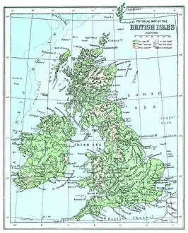 Old chromolithograph map of physical map of the British Isles