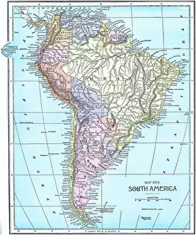 Old chromolithograph map of South America continent
