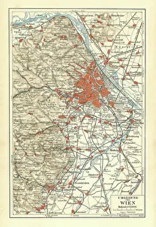 Old chromolithograph map of surroundings of Vienna, national capital, largest city, and one of nine states of Austria