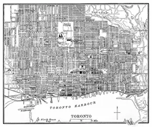 Old chromolithograph map of Toronto, the most populous city in Canada and the capital city of the Canadian province of Ontario