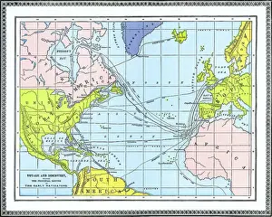 Old chromolithograph map of voyage and discovery - showing the principal routes of the early navigators