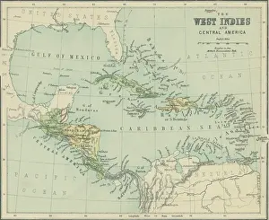 Old chromolithograph map of West Indies (British Guiana), Central America (Venezuela) part of Colombia and Jamaica