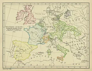 Old chromolithograph map of Western Europe showing the principal changes affected by the Treaties of Utrecht and Rastatt (1713)