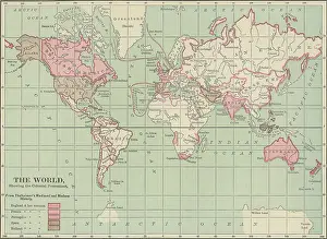 Old chromolithograph map of the World, showing the Colonial Possessions