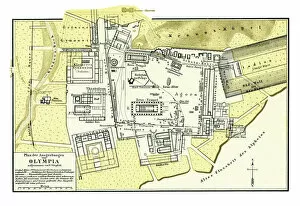 Old chromolithograph plan of the excavations of Olimpia, small town in Elis on the Peloponnese peninsula in Greece
