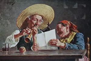 An old couple making music at home, he playing the flute and his woman holding the notes, 1880, Spain, Historic, digitally restored reproduction of an original 19th-century painting