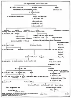 Old engraved diagram of the English monarchs family tree (1087 to 1899)