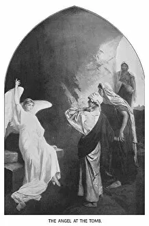 World Religion Gallery: Old engraved illustration of the Angel at the Jesus tomb