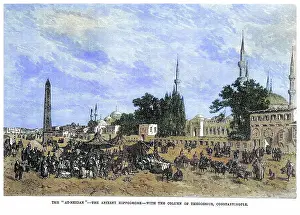 Old engraved illustration of the At-Meidan - ancient hippodrome - with Column of Theodosius, Constantinople