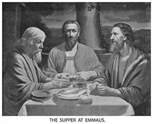 World Religion Gallery: Old engraved illustration of Christ at Emmaus, the Supper at Emmaus