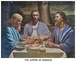 World Religion Gallery: Old engraved illustration of Christ at Emmaus, the Supper at Emmaus