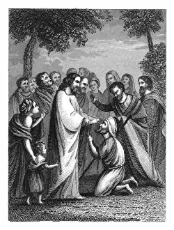 Old engraved illustration of Christ restoring sight to Bartimaeus