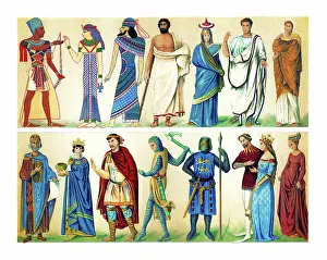 Old engraved illustration of costumes (ancient and medieval)