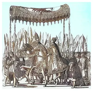 Old engraved illustration of crowning of Emperor Charles V by Pope Clement VII in Bologna on February 24, 1530