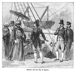 Old engraved illustration of First Barbary War 1801-1805. Stephen Decatur before the Dey Bey of Algiers