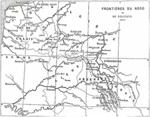 Old engraved illustration of France and Belgium border map