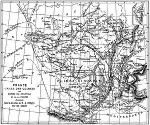 Old engraved illustration of France climate map of growing areas and wildlife