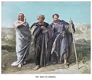 Images Of Jesus Christ Prints: Old engraved illustration of Jesus Christ walk to Emmaus